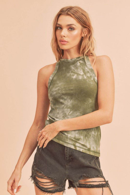 Aemi + Co Ribbed Tie-Dye Round Neck Tank in Matcha Green in Matcha Green - us.meeeshop