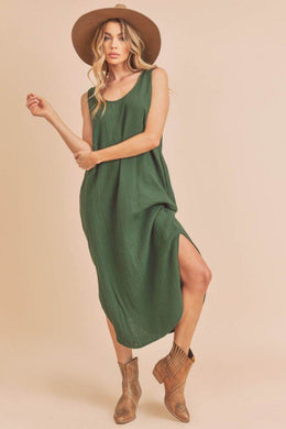 Aemi + Co Round Neck Midi Tank Dress with Pockets in Dark Green