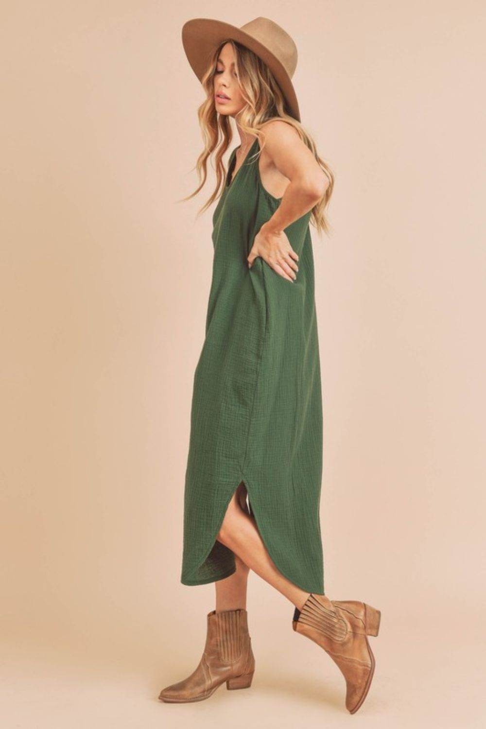 Aemi + Co Round Neck Midi Tank Dress with Pockets in Dark Green - us.meeeshop