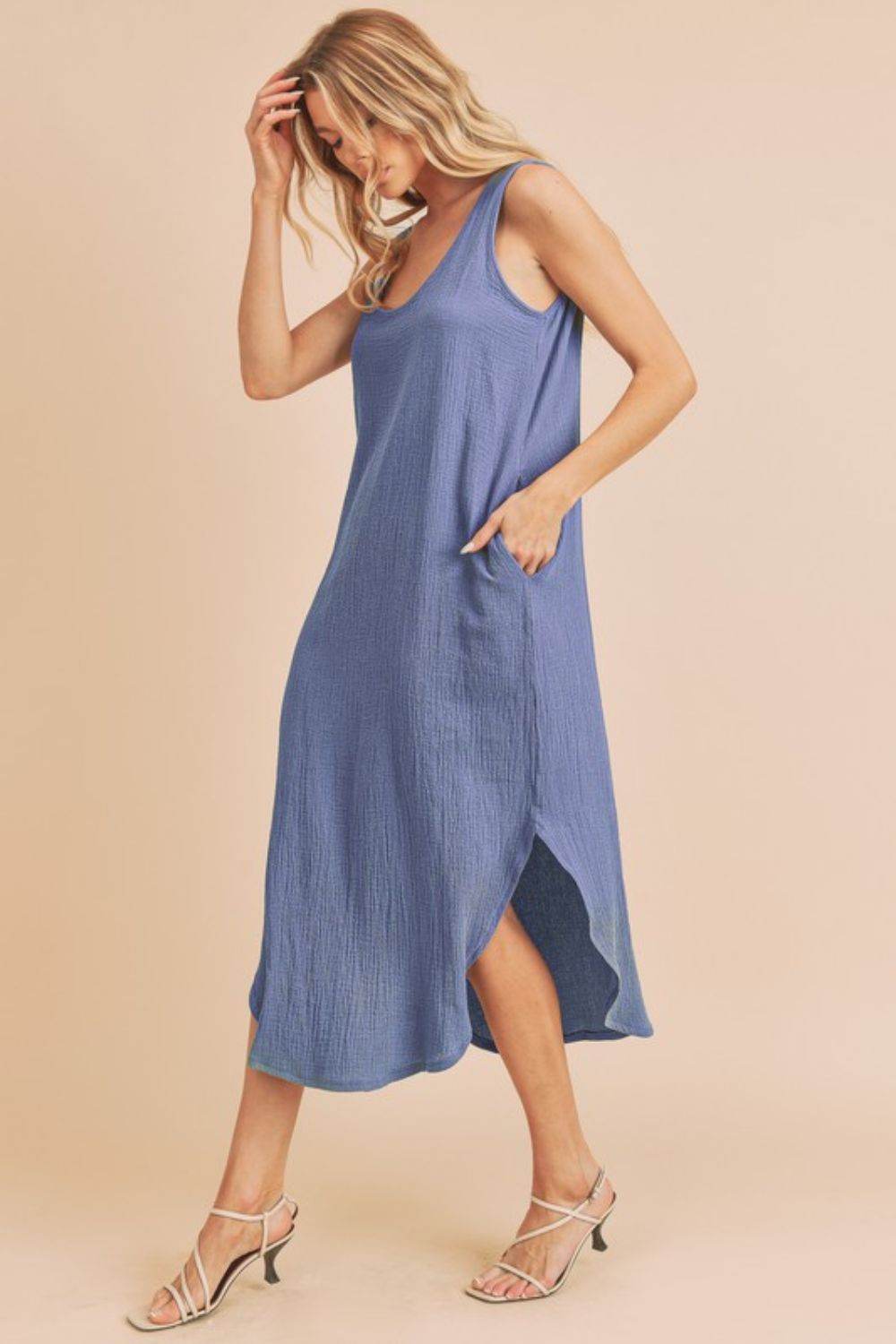 Aemi + Co Round Neck Midi Tank Dress with Pockets in Dusty Blue in Dusty Blue - us.meeeshop