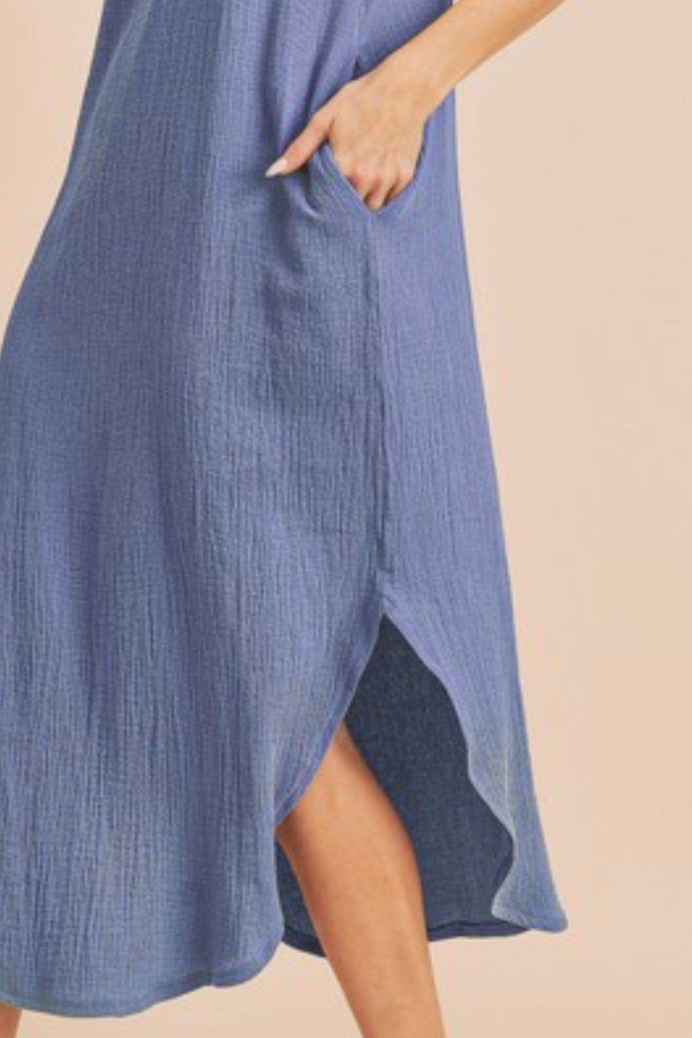 Aemi + Co Round Neck Midi Tank Dress with Pockets in Dusty Blue in Dusty Blue - us.meeeshop