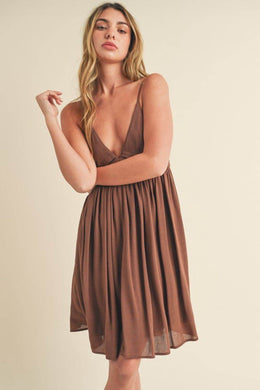 Aemi + Co Ruched Plunge Mini Cami Dress in Brown