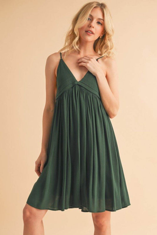 Aemi + Co Ruched Plunge Mini Cami Dress in Dark Green - us.meeeshop