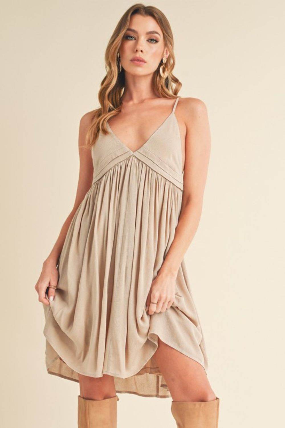 Aemi + Co Ruched Plunge Mini Cami Dress in Natural - us.meeeshop