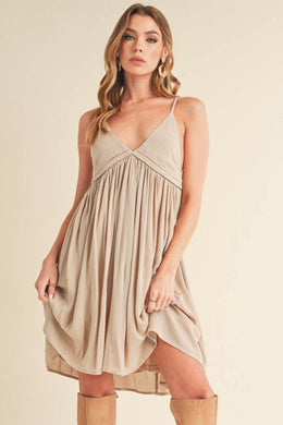 Aemi + Co Ruched Plunge Mini Cami Dress in Natural