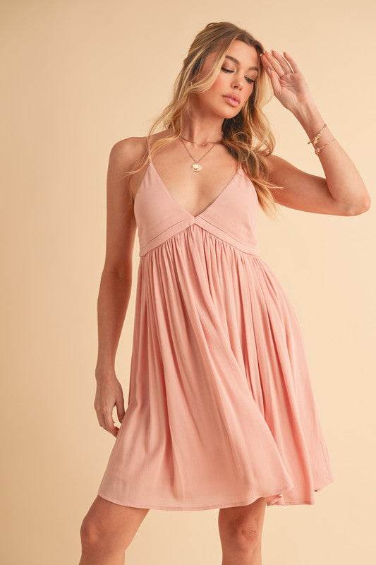 Aemi + Co Ruched Plunge Mini Cami Dress in Petal - us.meeeshop