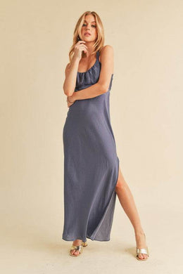 Aemi + Co Ruched Side Slit Cutout Back Maxi Cami Dress in Hazy Lilac