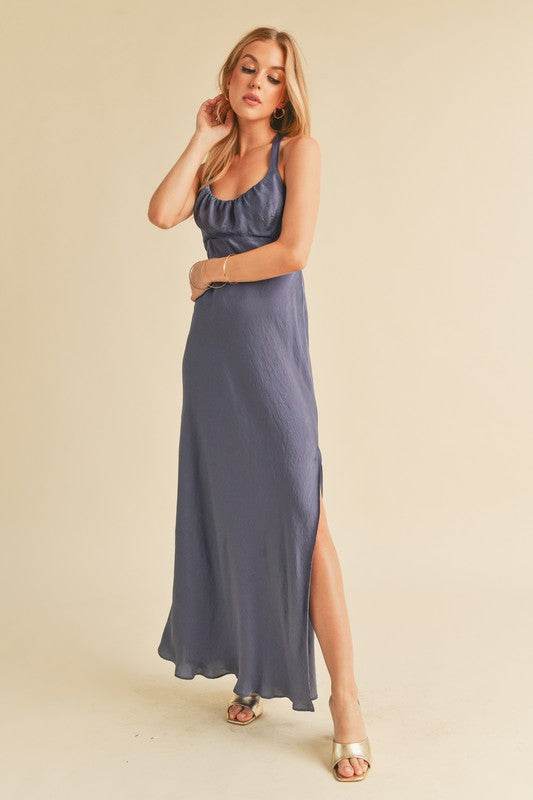 Aemi + Co Ruched Side Slit Cutout Back Maxi Cami Dress in Hazy Lilac - us.meeeshop