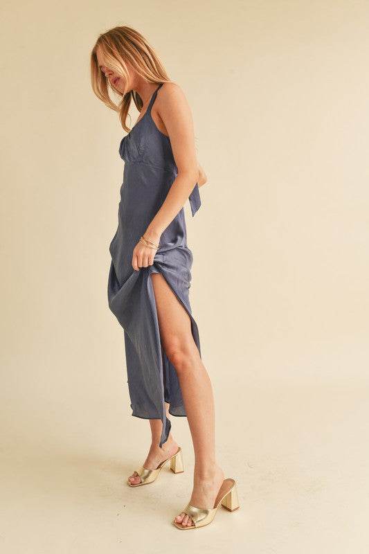 Aemi + Co Ruched Side Slit Cutout Back Maxi Cami Dress in Hazy Lilac - us.meeeshop