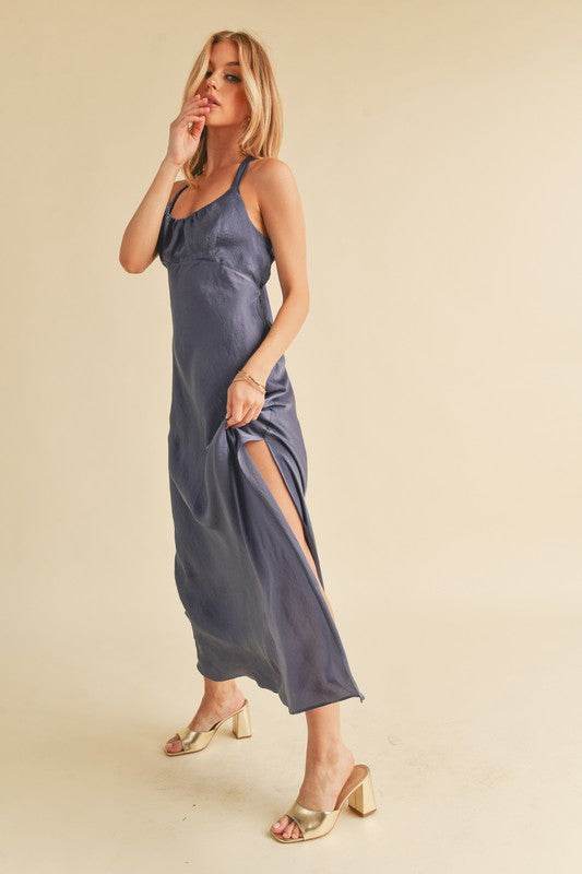 Aemi + Co Ruched Side Slit Cutout Back Maxi Cami Dress in Hazy Lilac - us.meeeshop