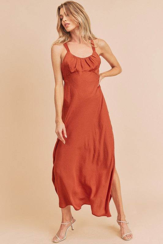 Aemi + Co Ruched Side Slit Cutout Back Maxi Cami Dress in Orange-Red - us.meeeshop