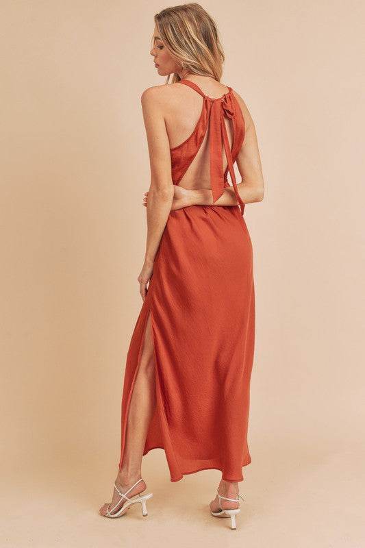 Aemi + Co Ruched Side Slit Cutout Back Maxi Cami Dress in Orange-Red - us.meeeshop