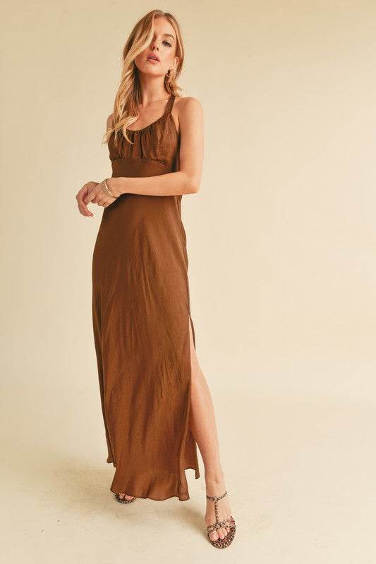 Aemi + Co Ruched Side Slit Cutout Back Maxi Cami Dress - us.meeeshop