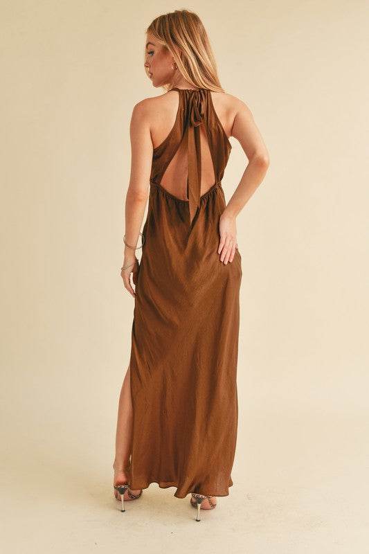 Aemi + Co Ruched Side Slit Cutout Back Maxi Cami Dress - us.meeeshop