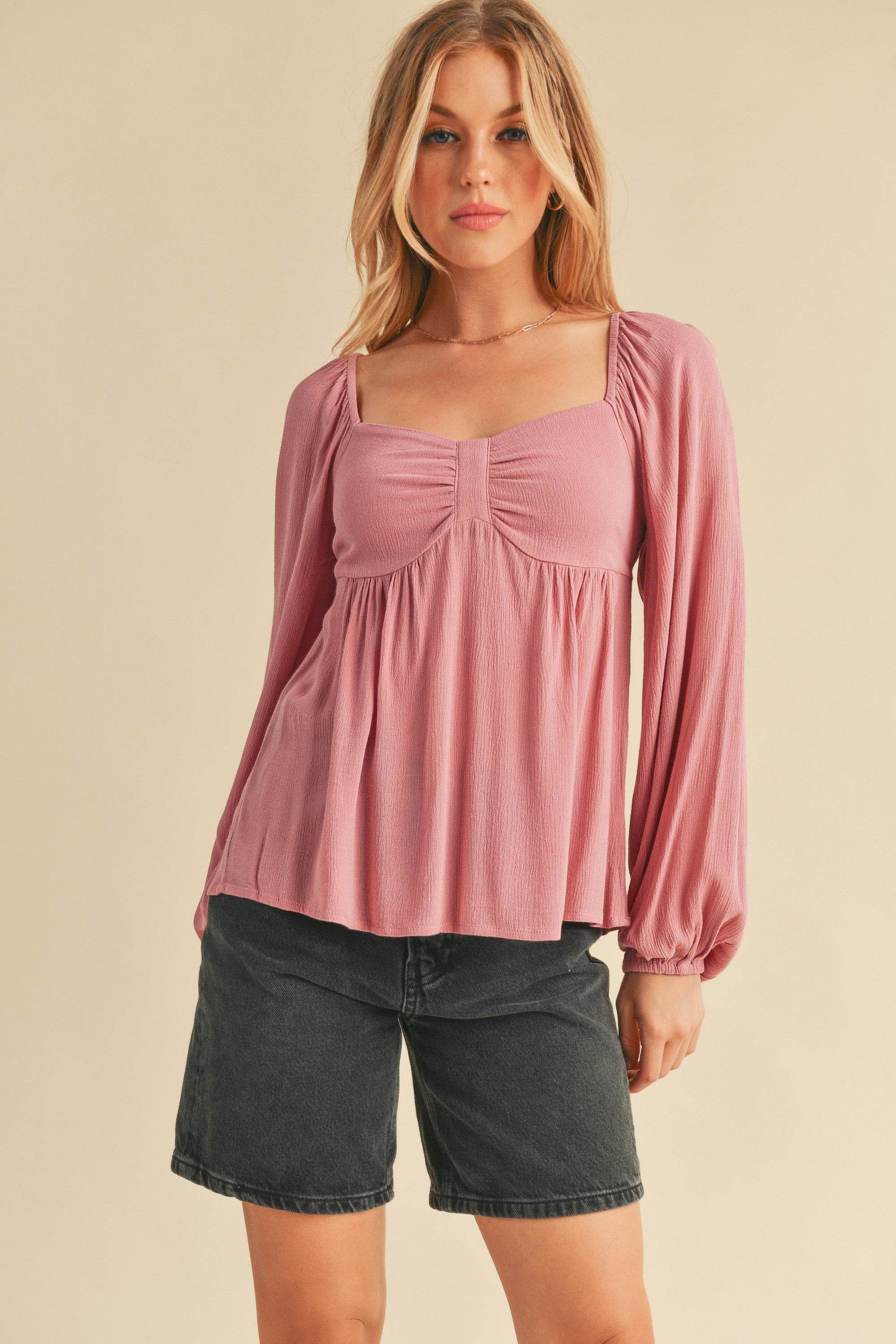 Aemi + Co Ruched Sweetheart Neck Balloon Sleeve Blouse - us.meeeshop