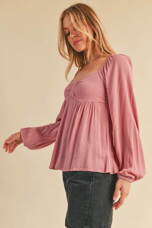 Aemi + Co Ruched Sweetheart Neck Balloon Sleeve Blouse - us.meeeshop