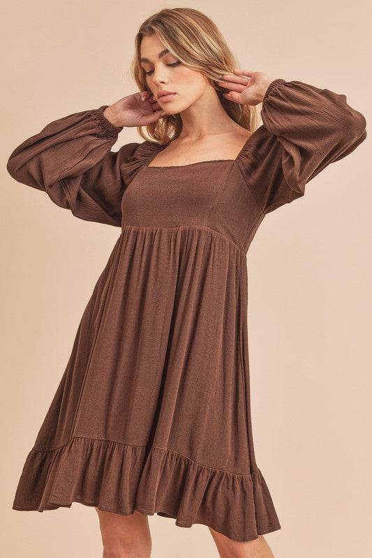 Aemi + Co Ruffled Hem Square Neck Balloon Sleeve Mini Dress in Dark Brown - us.meeeshop