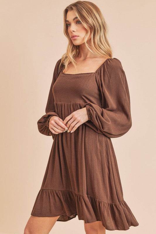 Aemi + Co Ruffled Hem Square Neck Balloon Sleeve Mini Dress in Dark Brown - us.meeeshop