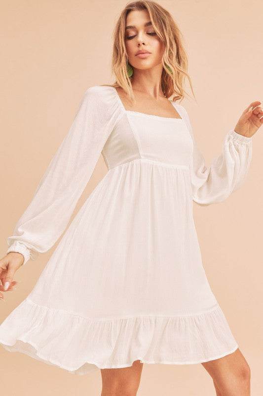 Aemi + Co Ruffled Hem Square Neck Balloon Sleeve Mini Dress in White - us.meeeshop