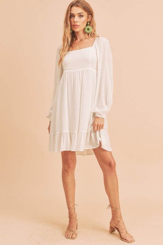 Aemi + Co Ruffled Hem Square Neck Balloon Sleeve Mini Dress in White - us.meeeshop