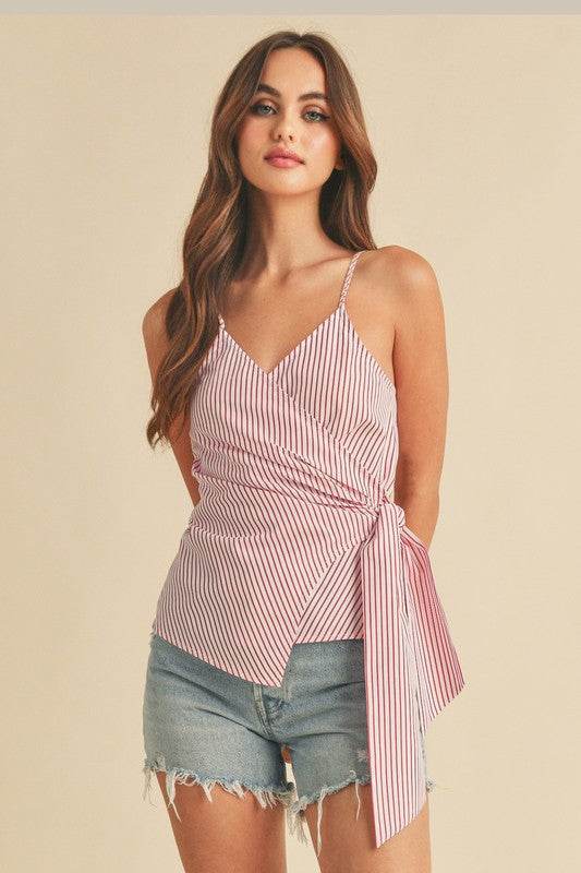 Aemi + Co Side Knotted Surplice Striped Cami in White/Red - us.meeeshop