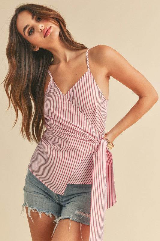 Aemi + Co Side Knotted Surplice Striped Cami in White/Red - us.meeeshop