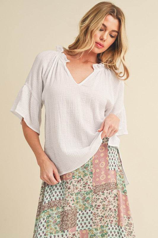 Aemi + Co Side Slit Notched Ruffled Half Sleeve Blouse - us.meeeshop