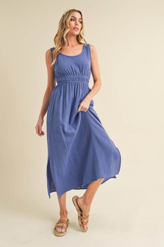 Aemi + Co Side Slit Round Neck Sleeveless Tank Dress in Dusty Blue - us.meeeshop