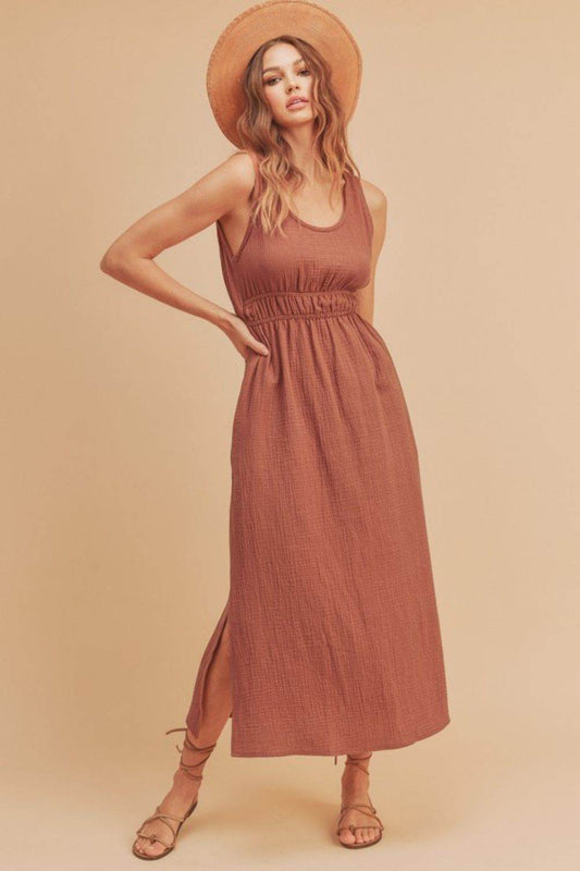 Aemi + Co Side Slit Round Neck Sleeveless Tank Dress in Terracotta - us.meeeshop