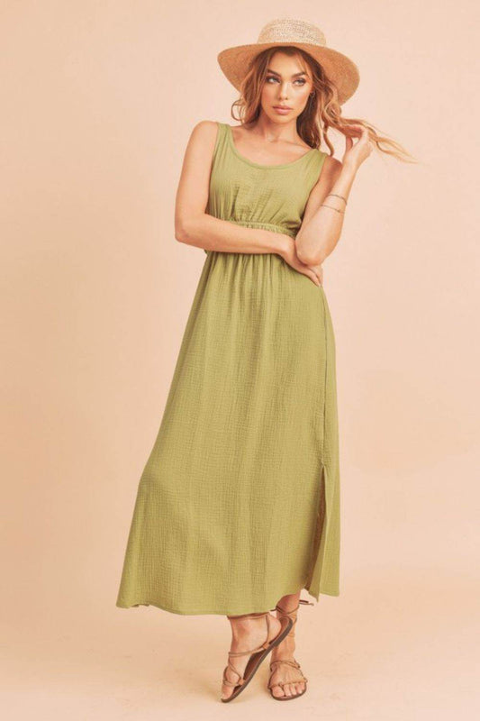 Aemi + Co Side Slit Round Neck Sleeveless Tank Dress in Yellow-Green - us.meeeshop