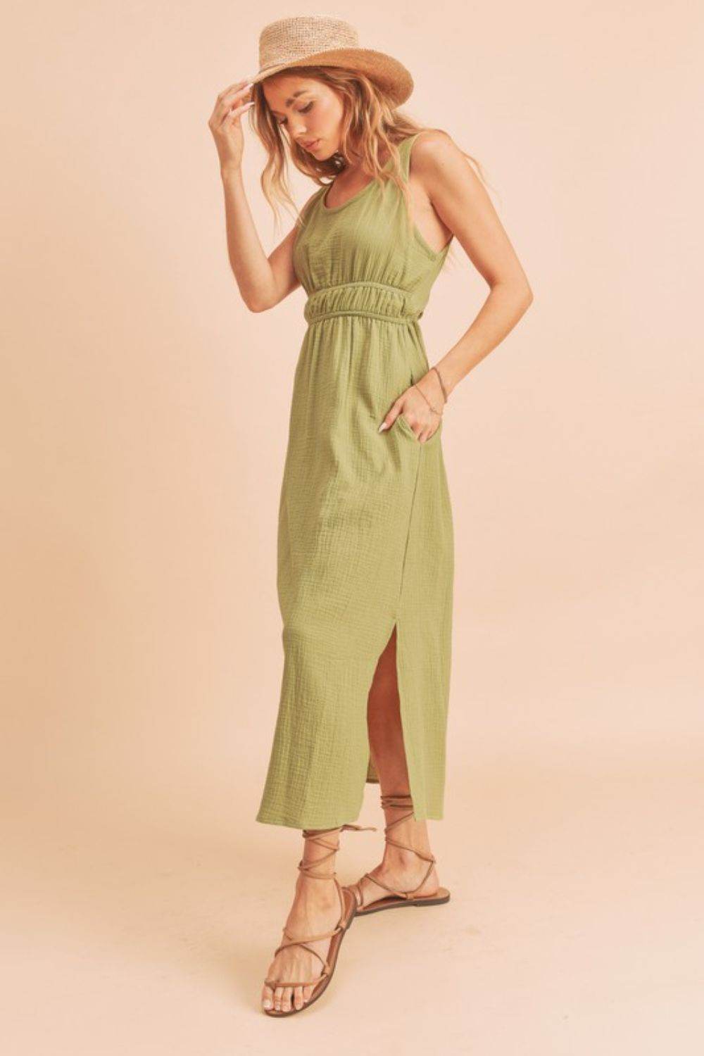 Aemi + Co Side Slit Round Neck Sleeveless Tank Dress in Yellow-Green - us.meeeshop