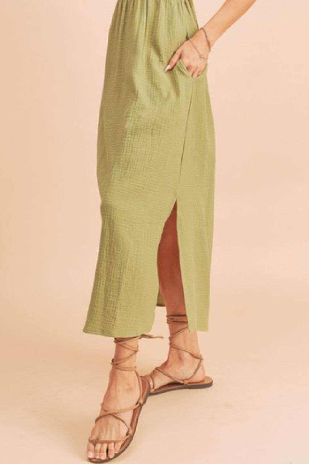 Aemi + Co Side Slit Round Neck Sleeveless Tank Dress in Yellow-Green - us.meeeshop