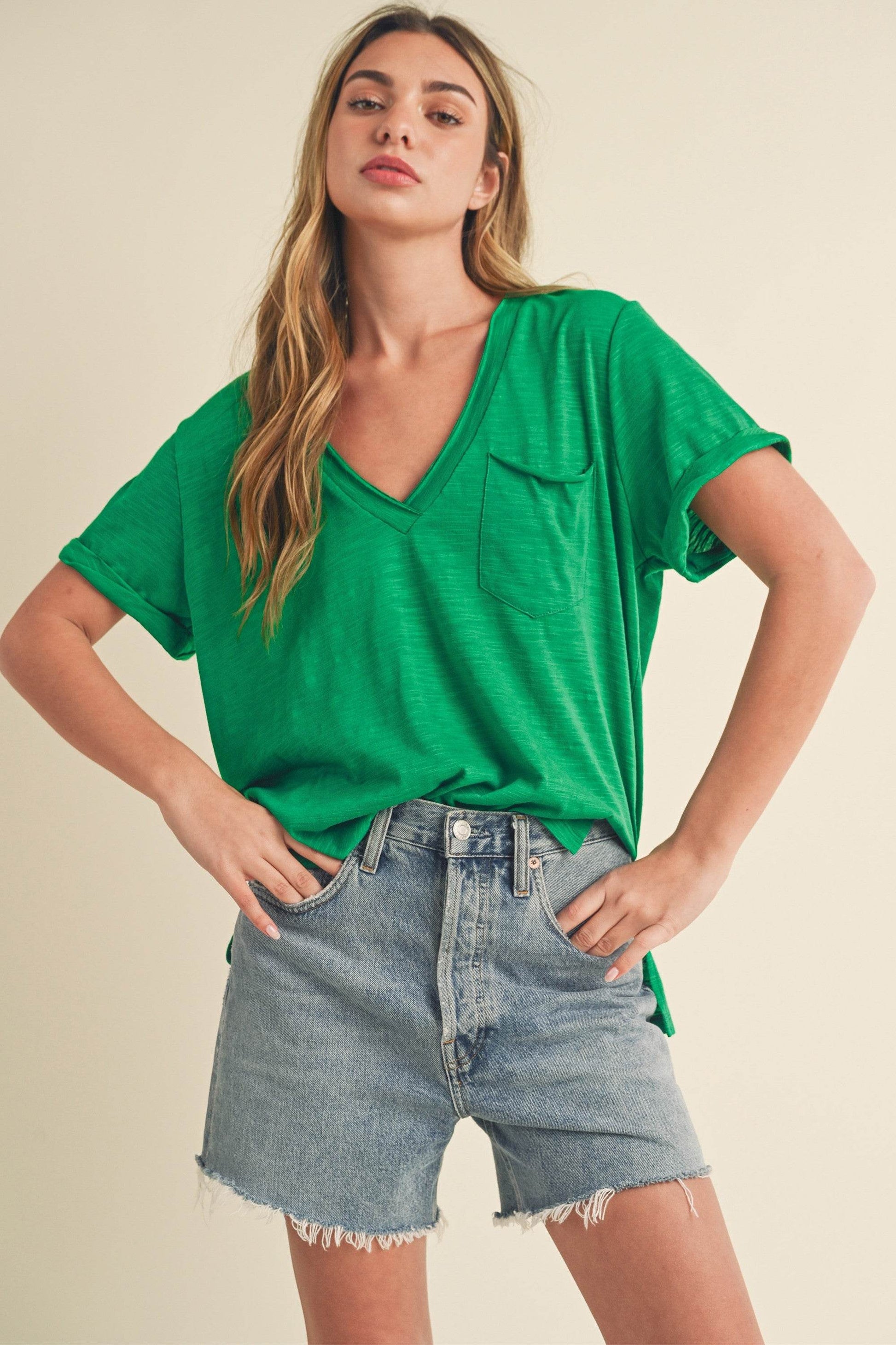 Aemi + Co Side Slit V-Neck Short Rolled Sleeve T-Shirt in Green - us.meeeshop