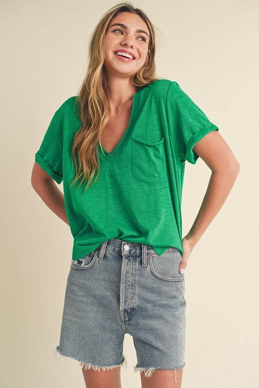 Aemi + Co Side Slit V-Neck Short Rolled Sleeve T-Shirt in Green - us.meeeshop