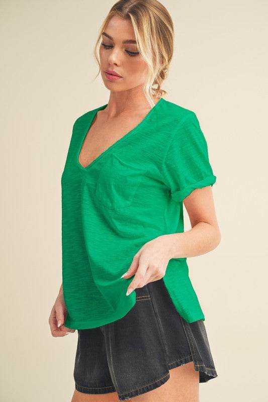 Aemi + Co Side Slit V-Neck Short Rolled Sleeve T-Shirt in Green - us.meeeshop