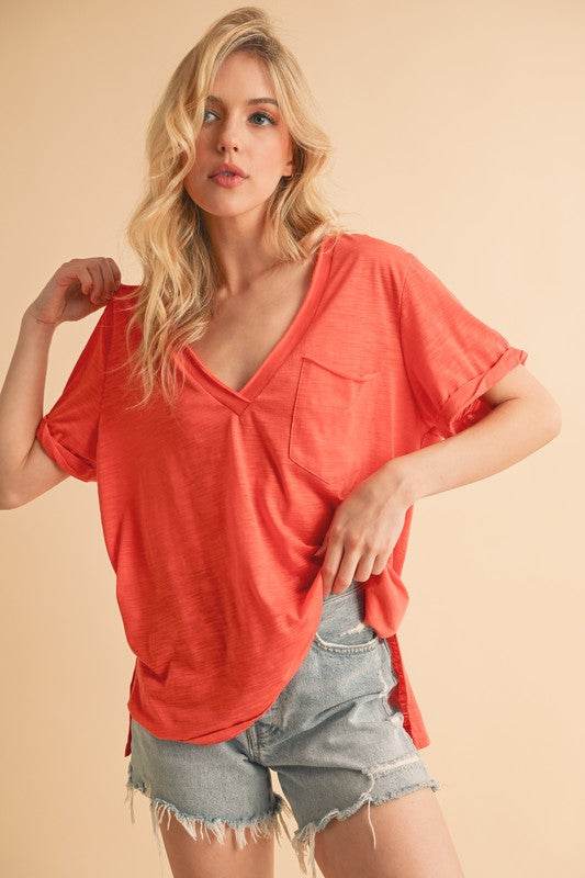 Aemi + Co Side Slit V-Neck Short Rolled Sleeve T-Shirt - us.meeeshop