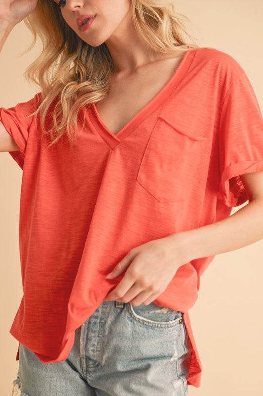 Aemi + Co Side Slit V-Neck Short Rolled Sleeve T-Shirt - us.meeeshop