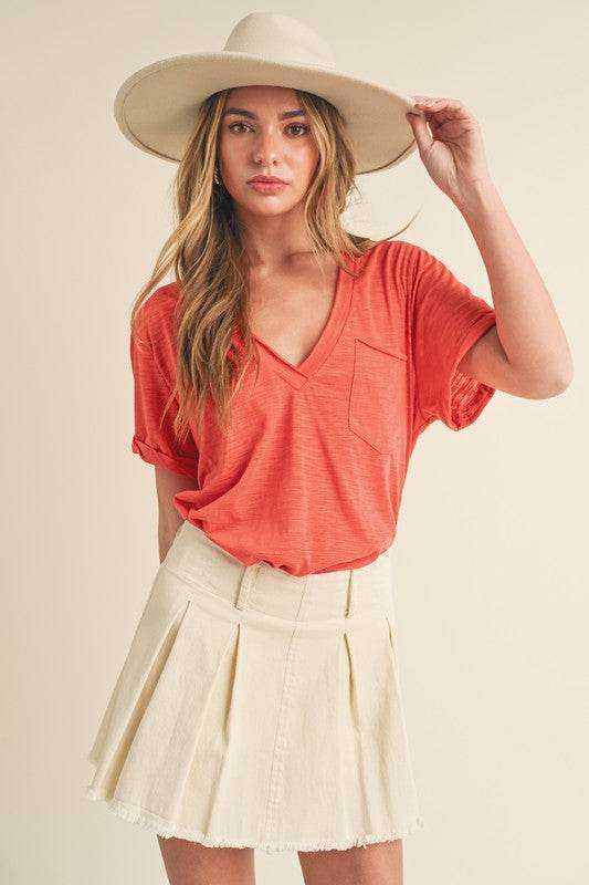 Aemi + Co Side Slit V-Neck Short Rolled Sleeve T-Shirt - us.meeeshop