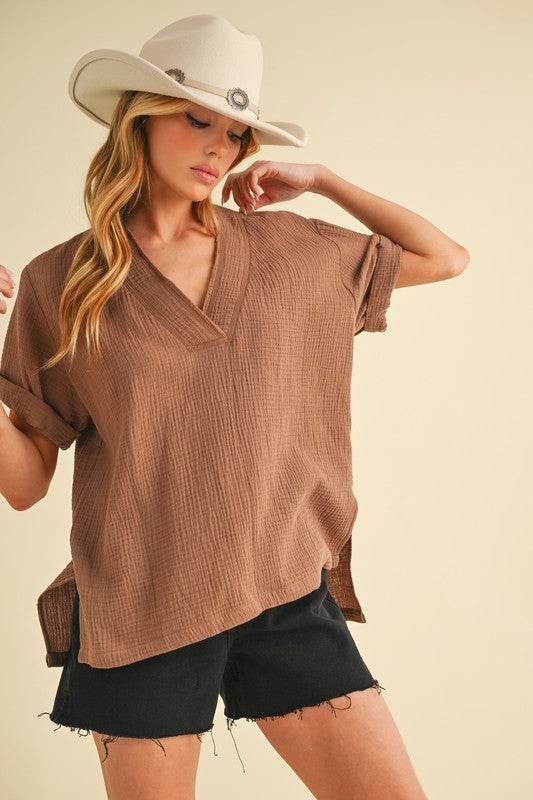 Aemi + Co Side Slit V-Neck Short Sleeve Blouse in Caramel in Caramel - us.meeeshop