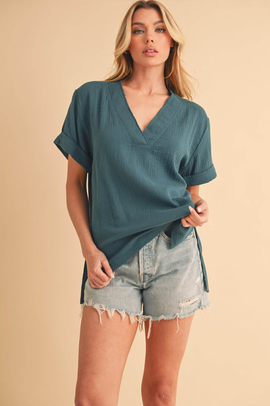 Aemi + Co Side Slit V-Neck Short Sleeve Blouse - us.meeeshop