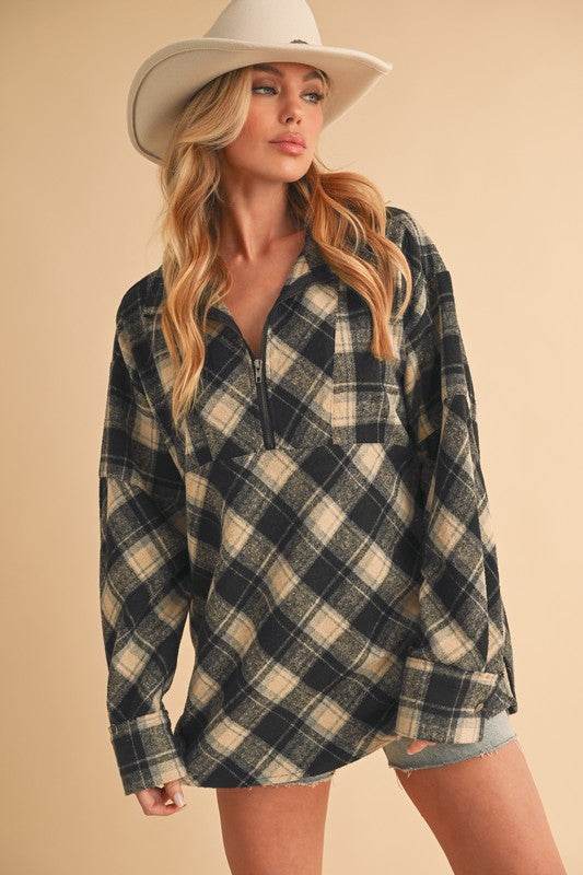 Aemi + Co Slit Plaid Half Zip Drop Shoulder Top in Black - us.meeeshop