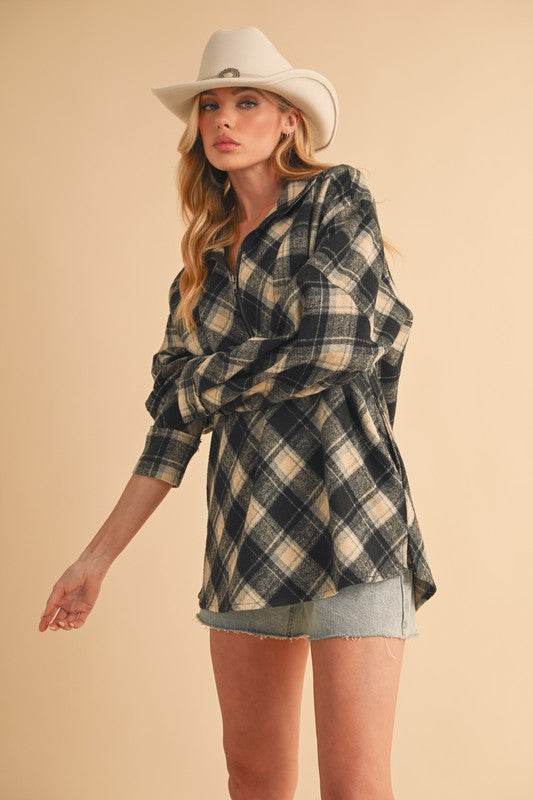 Aemi + Co Slit Plaid Half Zip Drop Shoulder Top in Black - us.meeeshop