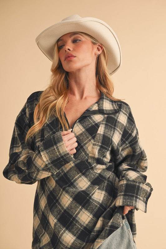 Aemi + Co Slit Plaid Half Zip Drop Shoulder Top in Black - us.meeeshop