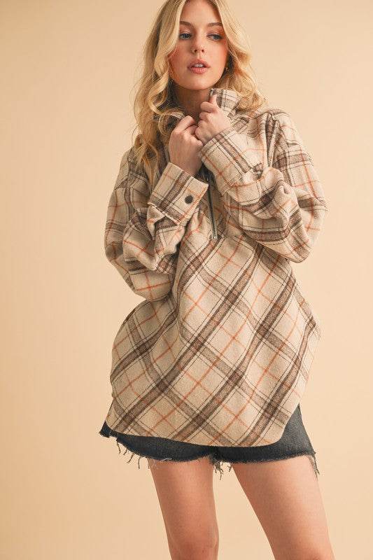 Aemi + Co Slit Plaid Half Zip Drop Shoulder Top in Tan - us.meeeshop