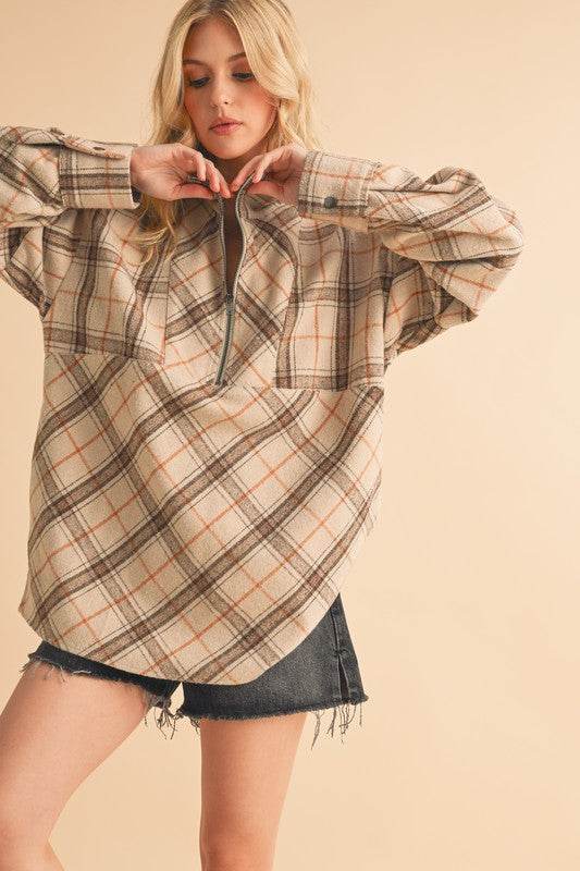 Aemi + Co Slit Plaid Half Zip Drop Shoulder Top in Tan - us.meeeshop