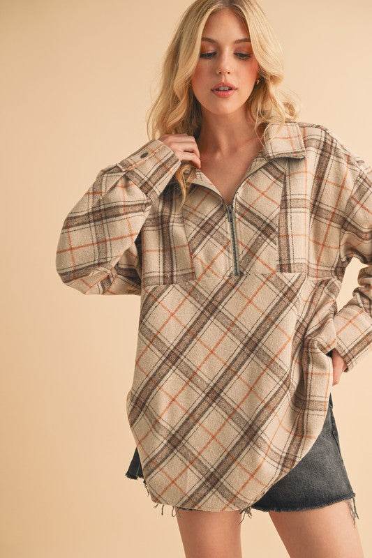 Aemi + Co Slit Plaid Half Zip Drop Shoulder Top in Tan - us.meeeshop