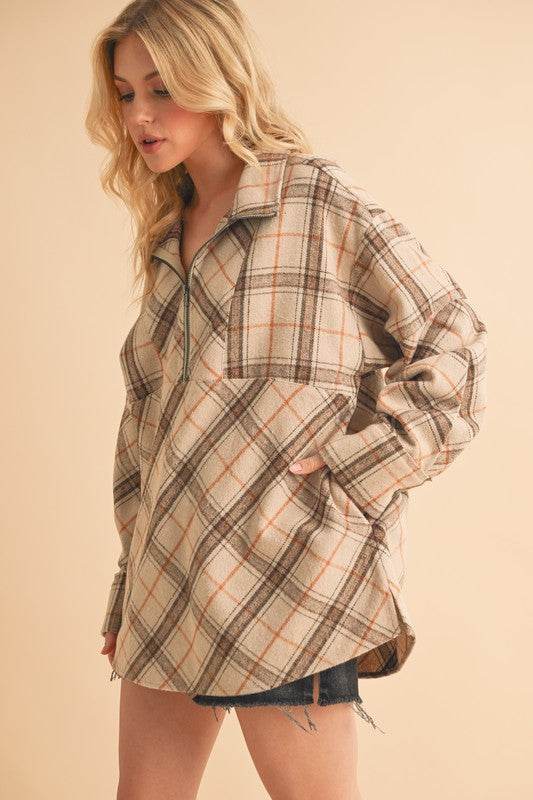 Aemi + Co Slit Plaid Half Zip Drop Shoulder Top in Tan - us.meeeshop