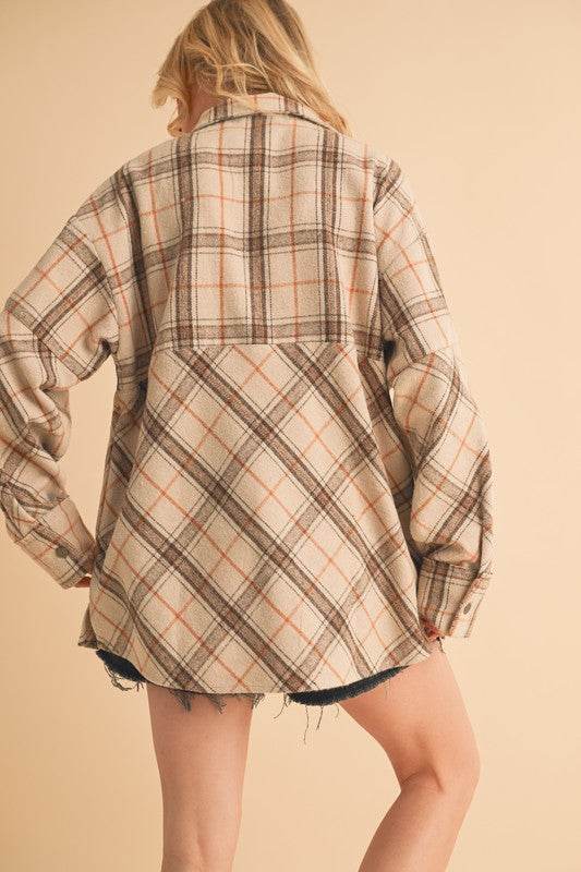 Aemi + Co Slit Plaid Half Zip Drop Shoulder Top in Tan - us.meeeshop