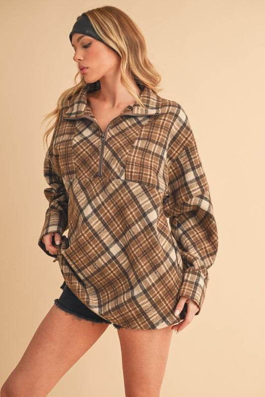 Aemi + Co Slit Plaid Half Zip Drop Shoulder Top - us.meeeshop