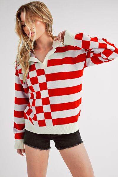 Aemi + Co Striped & Checkered Drop Shoulder Sweater - us.meeeshop